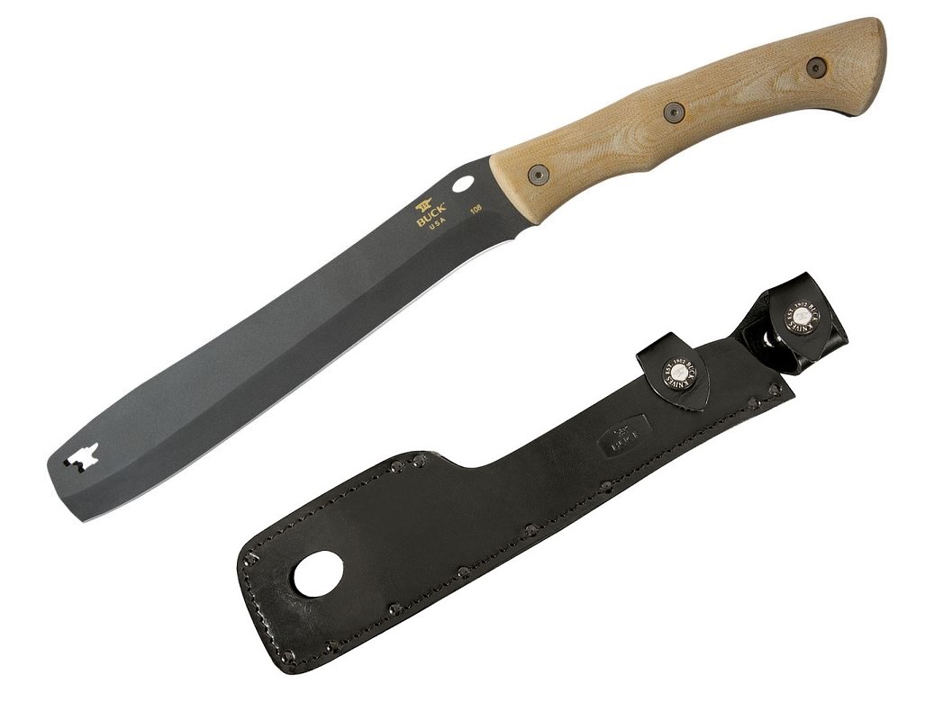 Buck Compadre Froe Chopper Fixed Blade Knife, 5160 Carbon, Micarta, Leather Sheath, 0108BRS1