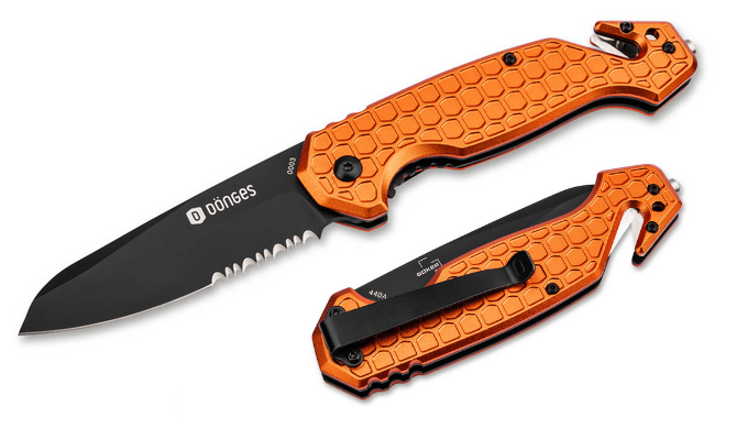 Donges Basic Rescue Folding Knife, 440A Black Partially Serrated, Aluminum Orange, 01DG002