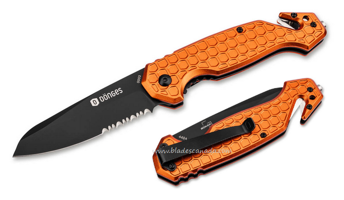 Donges Professional Rescue Folding Knife, 440A Black Partially Serrated, Aluminum Orange, 01DG005