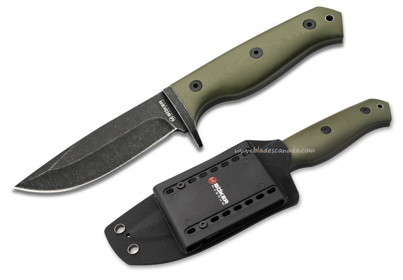 Boker Magnum Bushcraft Drop Fixed Blade Knife, 440A Black, G10 OD Green, 02SC339