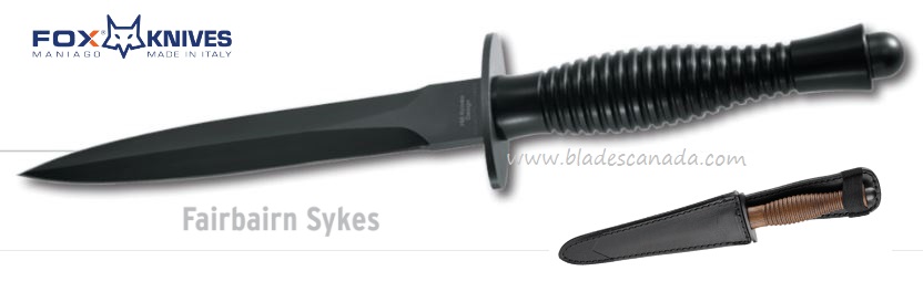 Fox Italy Fairbairn Sykes Dagger Fixed Blade Knife, N690, Aluminum Black, Leather Sheath, FX-592
