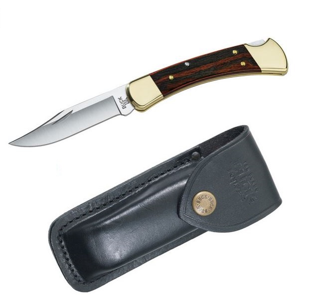Buck 110 Hunter Folding Knife, 420HC Steel, Leather Sheath, Ebony Handle, 0110BRS