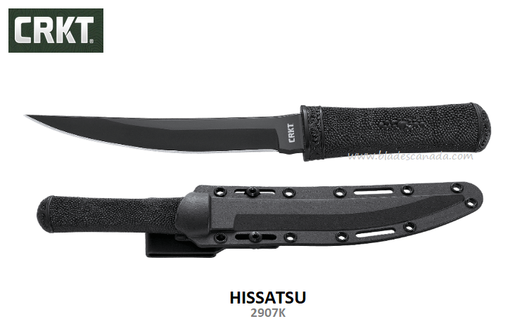 CRKT Hissatsu Fixed Blade Knife, Black Handle, Zytel Sheath, CRKT2907K