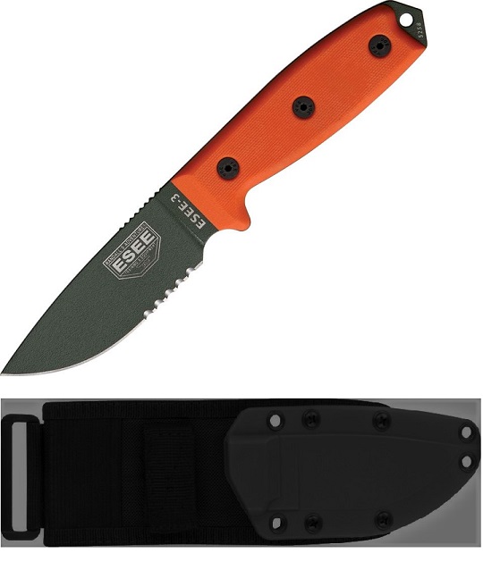 ESEE 3S-MB-OD Fixed Blade Knife, 1095 Carbon OD Green, G10 Orange, MOLLE Sheath