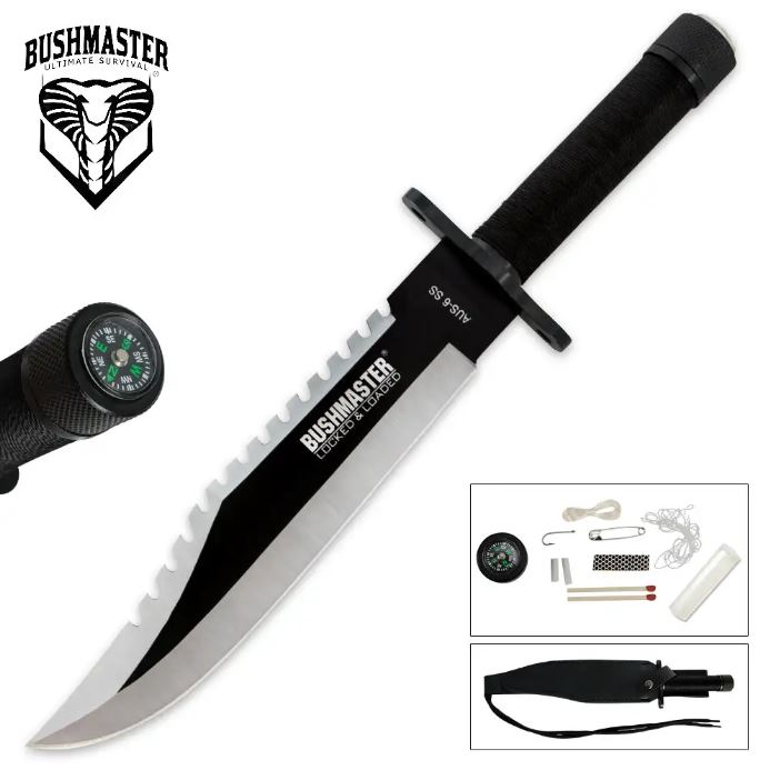 Bushmaster Sawback Fixed Blade Survial Knife, Kit & Sheath, BK2850