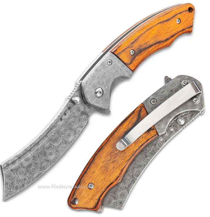 Boot Hill Razor Flipper Folding Knife, Stainless w/Damascus Pattern, Assisted Opening, BK4904
