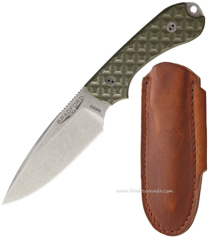 Bradford Guardian 3 EDC Fixed Blade Knife, N690, G10 OD Green, Leather Sheath, BRAD02