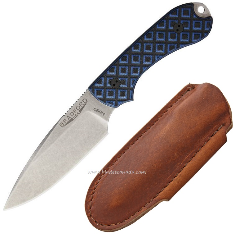 Bradford Guardian 3 EDC Fixed Blade Knife, N690, G10 Black/Blue, Leather Sheath, 3FE-013-N690