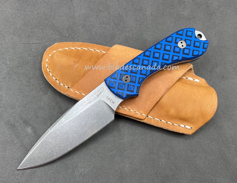Bradford Guardian 3 False Edge Knife, M390 Stonewash, Black/Blue Textured G10, 3FE-013-M390