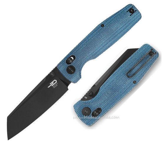 Bestech Slasher Folding Knife, D2 Black SW, Micarta Blue, BG56C-2