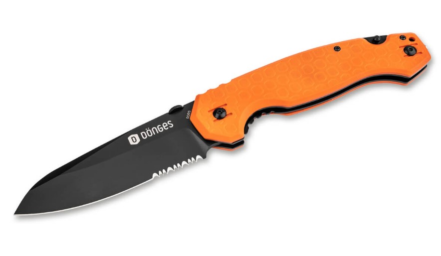 Donges Professional Rescue Folding Knife, D2 Black Partially Serrated, G10 Orange, 01DG005