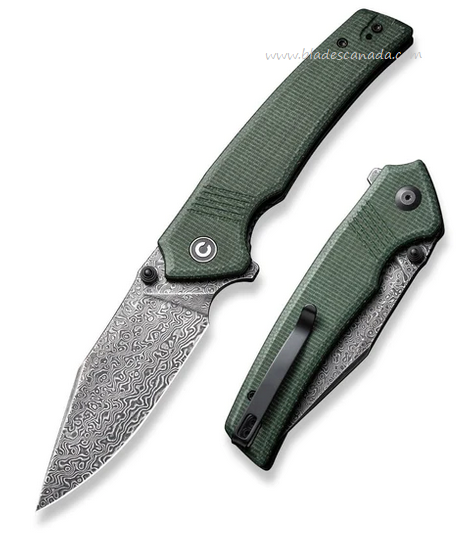 CIVIVI Tranquil Flipper Folding Knife, Damascus, Micarta Green, 23027-DS1