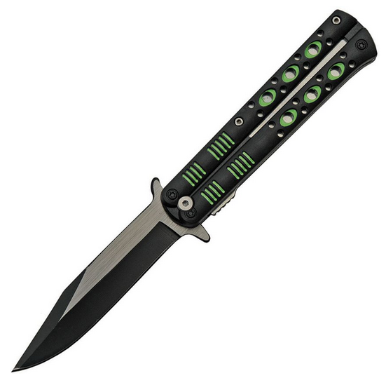 CNM Fly Flipper Folding Knife, Assisted Opening, Stainless Two-Tone, Green/Black Handle, 300514GN
