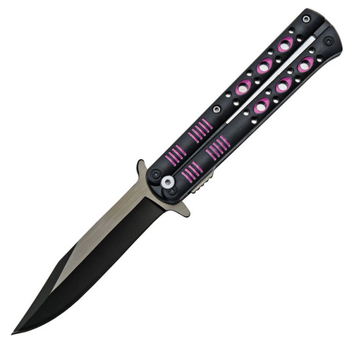 CNM Fly Flipper Folding Knife, Assisted Opening, Stainless Two-Tone, Black/Pink Handle, 300514PK