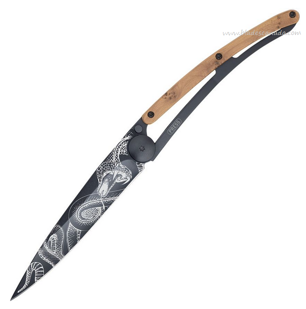 Deejo Tattoo 37g Snake Folding Knife, Stainless Black, Juniper Wood, DEE1GB127