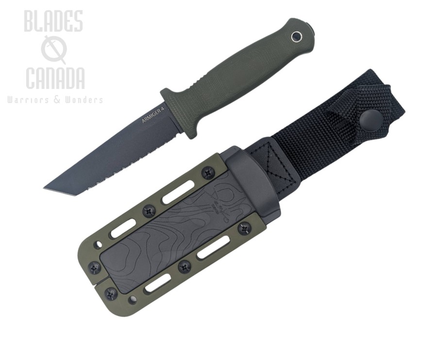 Demko Armiger 4 Fixed Blade Knife, 80CrV2 Black Tanto Serrated, OD Green Handle, 096582