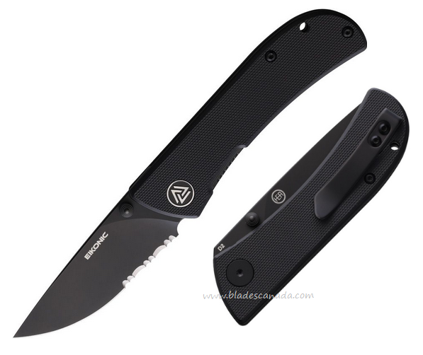 Eikonic Fairwind Folding Knife, D2 Black Partially Serrated, G10 Black, EKC220BBS