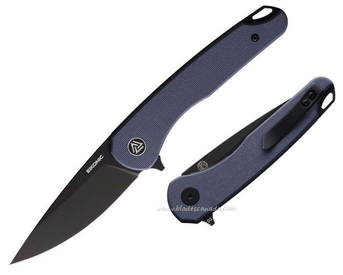 Eikonic Dromas Flipper Folding Knife, D2 Black PVD, G10 Blue, 440BGY