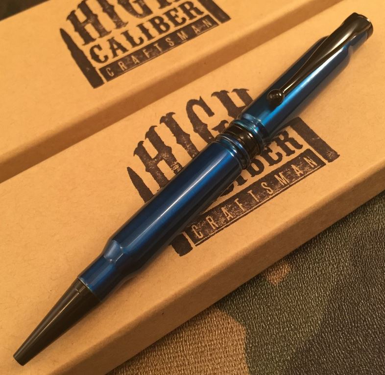 High Caliber 308 Anodized Blue Powder Coated Pen - Black