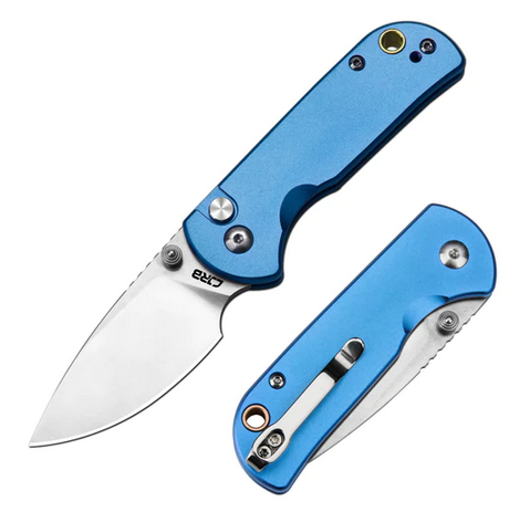 CJRB Mica Button Lock Folding Knife, AR-RPM9, Aluminum Blue, J1934-BU