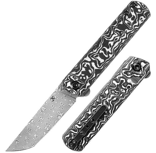 Kansept Foosa Slip Joint Flipper Folding Knife, Damascus Blade, Carbon Fiber, K2020T1