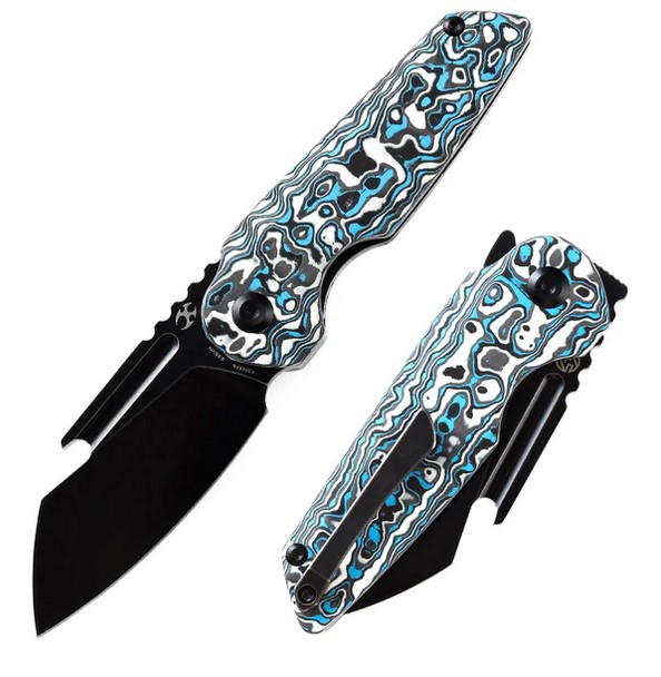 Kansept Rafe Flipper Folding Knife, CPM-S35VN Black, Carbon Fiber Blue/White, K2048A6