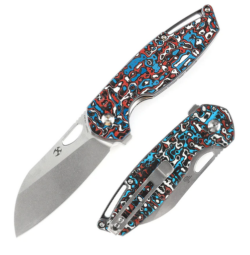 Kansept Model 6 Flipper Folding Knife, CPM 20CV, Carbon Fiber Red/Blue, K1022A7