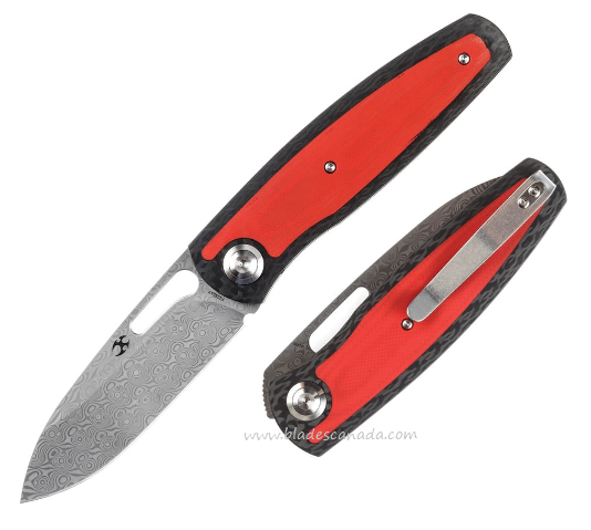 Kansept Mato Flipper Folding Knife, Damascus, Carbon Fiber/G10 Red, K1050A7