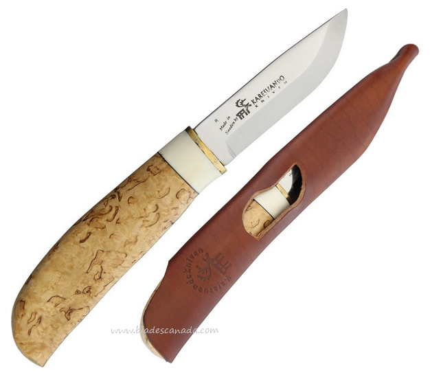 Karesuando Kniven Johtalit Hikers Fixed Blade Knife, 12C27, Curly Birch, Leather Sheath, KAR4021N