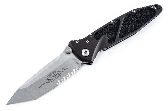 Microtech Socom Elite T/E Flipper Folding Knife, M390 Partially Serrated, Aluminum Black, 161-11