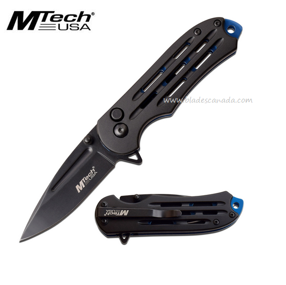 Mtech USA Button Lock Flipper Folding Knife, Aluminum Black/Blue, 1120BL