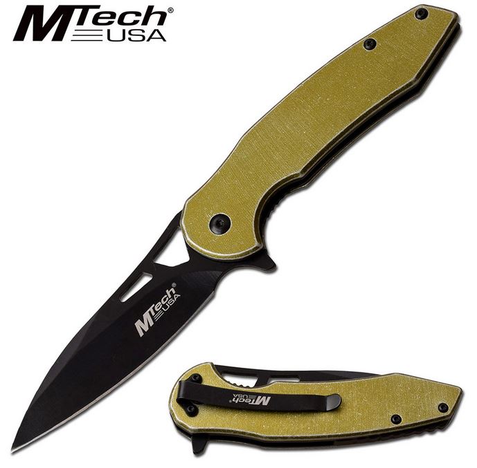 Mtech A1083YL Flipper Folding Knife, Assisted Opening, Stonewash Aluminum