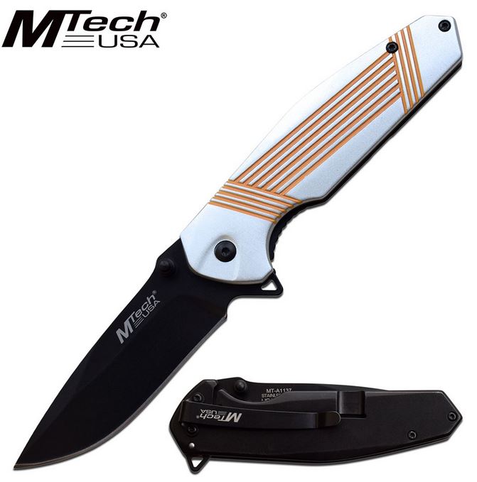 Mtech A1137GOR Flipper Framelock Knife, Assisted Opening, Aluminum Gray/Orange