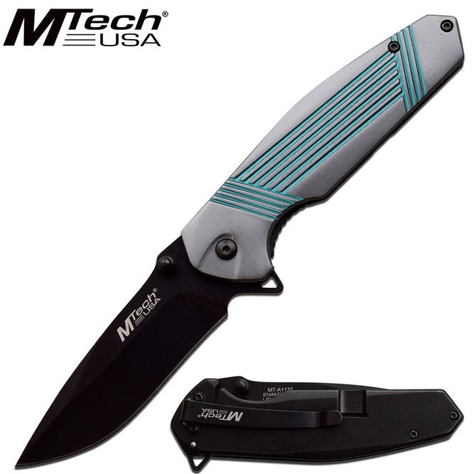 Mtech Knives Flipper Framelock Folder, Gray/Teal Aluminum Handle, Assisted Opening, MTA1137GTQ
