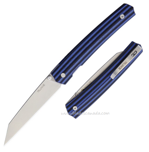 Ruike P865 Folding Knife, 14C28N Satin, G10 Blue/Black, P865Q