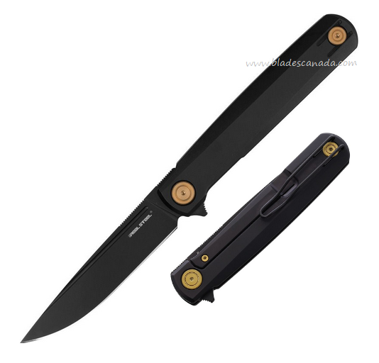 Real Steel G-Frame Flipper Framelock Knife, N690 Black, Titanium Black, Gold Accents, RS7874