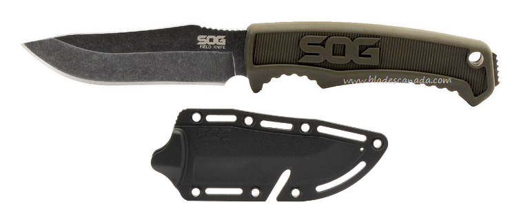 SOG Fixed Blade Filed Knife, Stonewash Blade, TPR OD Green/Black, FK1003