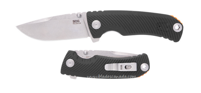 SOG Tellus ATK Flipper Folding Knife, 440C Cryo, GRN Black w/Orange Spacer, 11-06-02-43