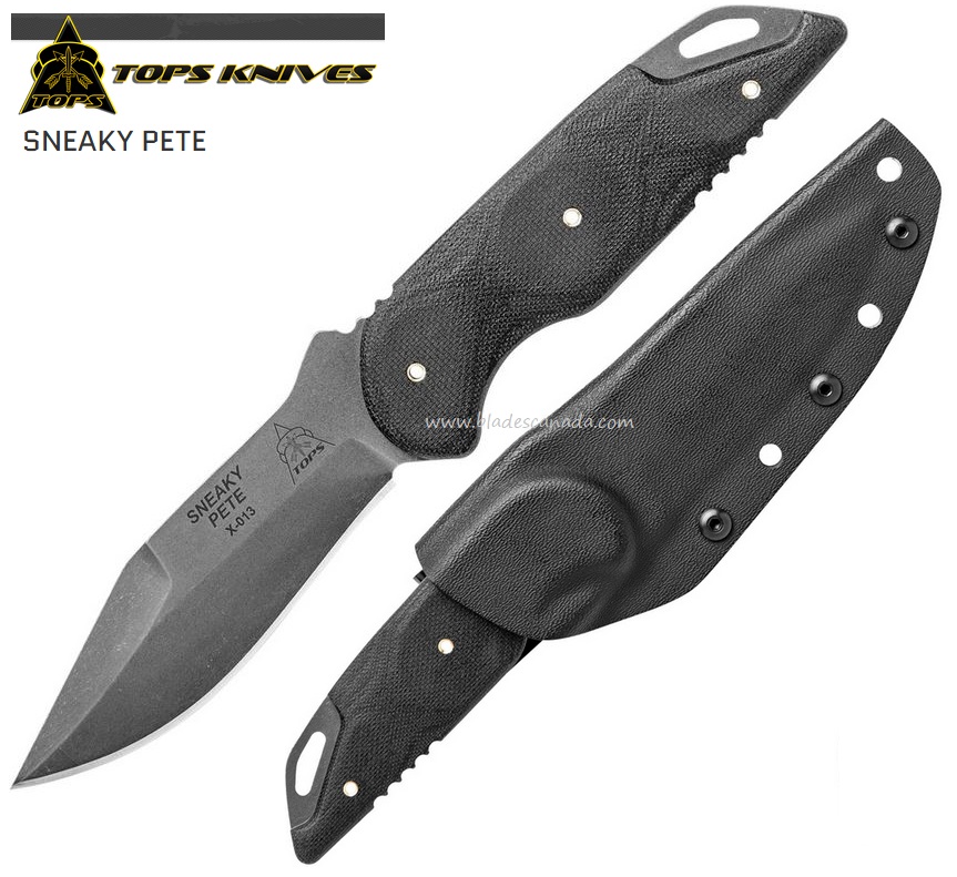 TOPS Sneaky Pete Fixed Blade Knife, 1095 Carbon, Micarta, Kydex Sheath, SP02