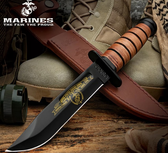 USCM WWII Tribute Combat Fixed Blade Knife, Stainless, Leather Sheath, UC3369B