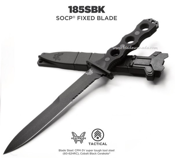 Benchmade SOCP 185 Fixed Blade Knife, CPM-3V Steel, G10 Black, BM185SBK