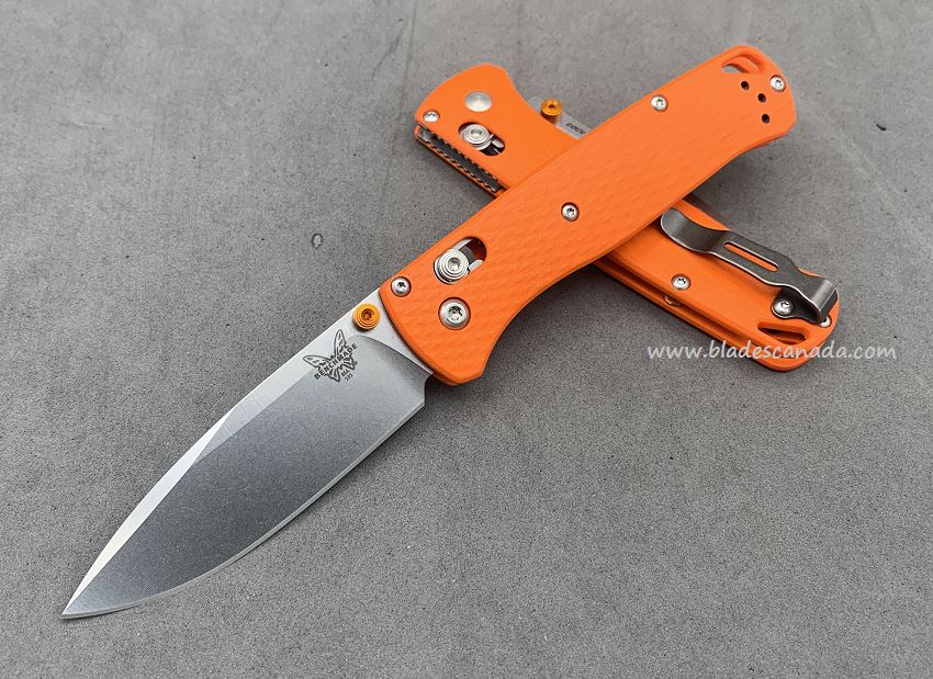 Benchmade Bugout Folding Knife, 20CV, Orange G10, Orange Thumbstud & Standoffs, 535CU101