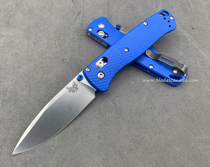 Benchmade Bugout Folding Knife, 20CV, Blue G10, Blue Thumbstud & Standoffs, 535CU105