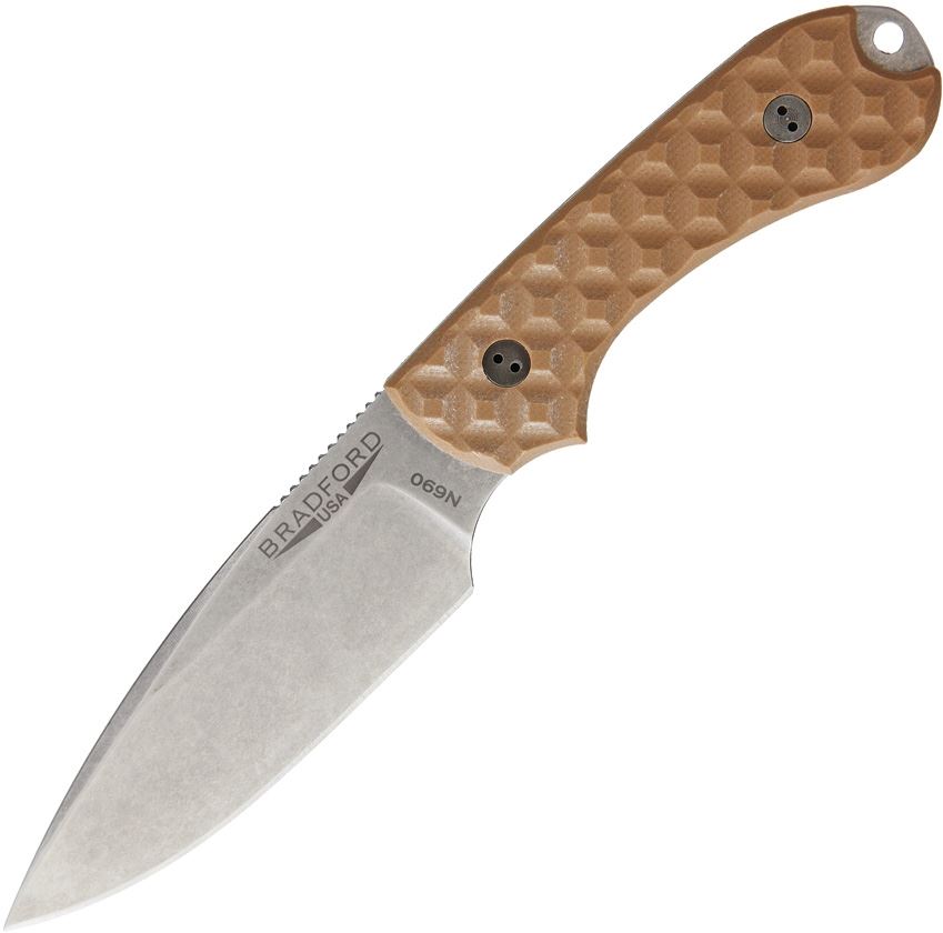 Bradford Guardian 3 EDC Fixed Blade Knife, N690, G10 Coyote Brown, Leather Sheath, BRAD03