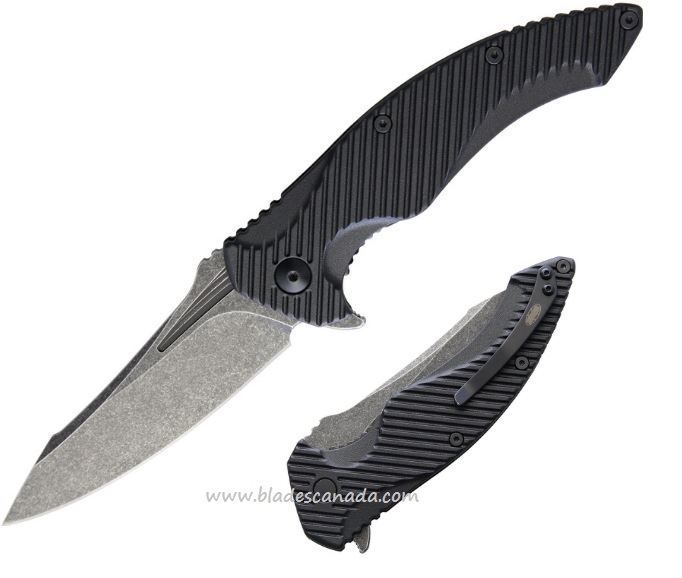 Brous Blades T4 Flipper Folding Knife, D2 Acid Wash, Black Handle, M004A