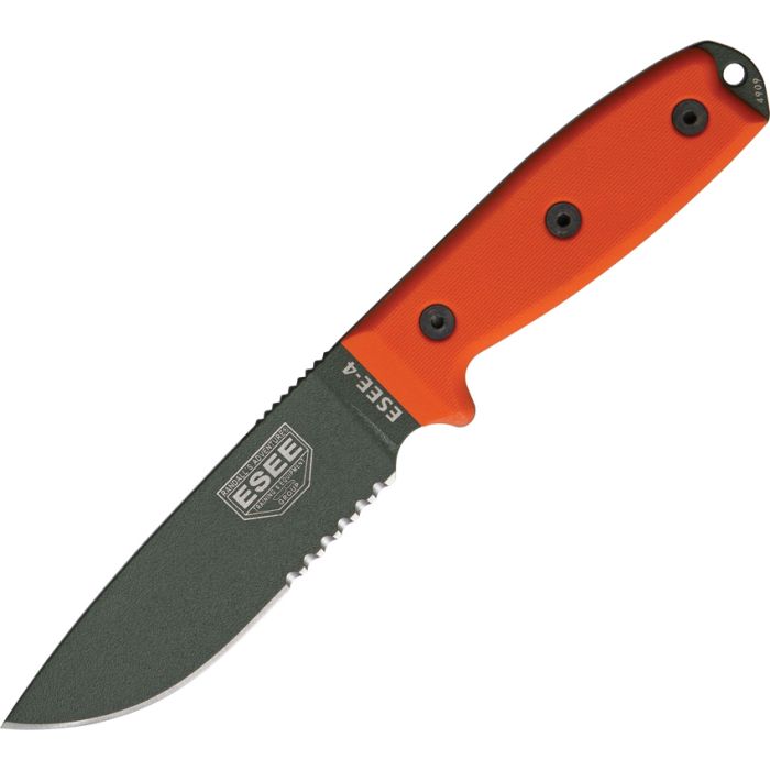 ESEE 4S-OD Fixed Blade Knife, 1095 Carbon OD Green, G10 Orange, Black Sheath
