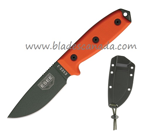 ESEE 3P-OD Fixed Blade Knife, 1095 Carbon OD Green, G10 Orange, Molded Sheath