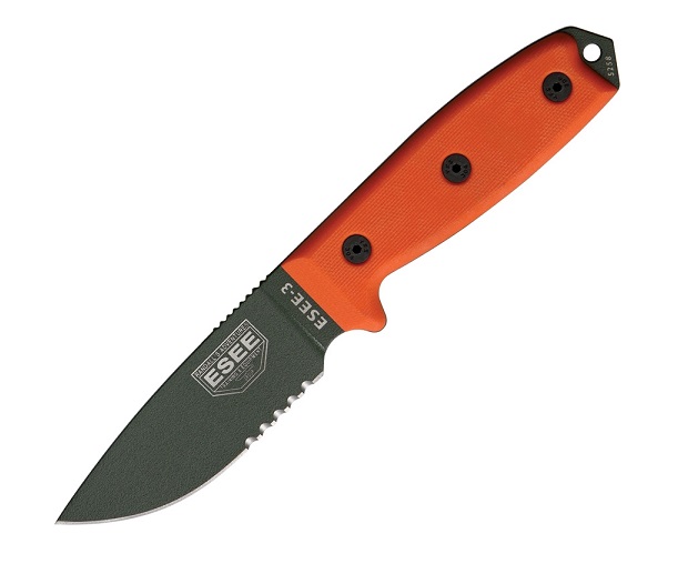 ESEE 3S-OD Fixed Blade Knife, 1095 Carbon OD Green, G10 Orange, Nylon Sheath