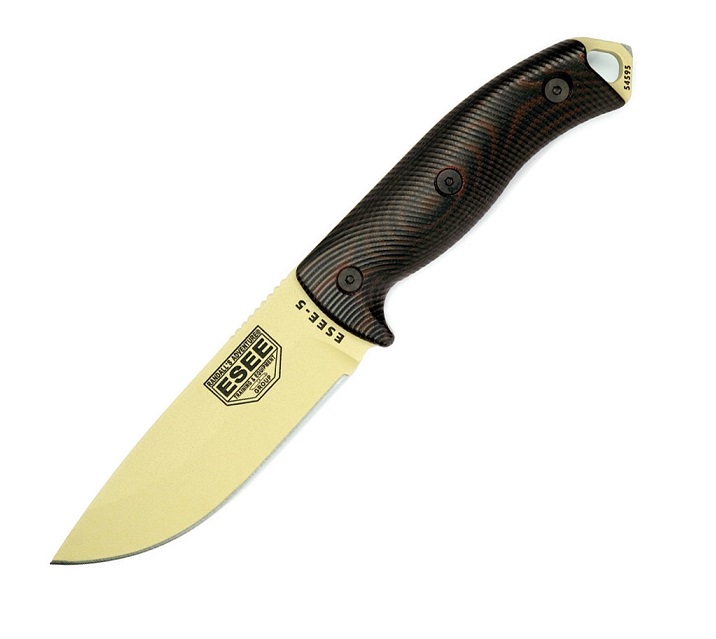 ESEE 5PDT-004 Fixed Blade Knife, 1095 Carbon Desert Tan, G10 3D Black/Red, Kydex Sheath