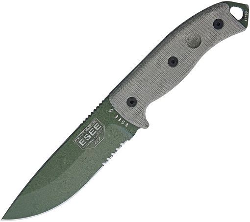 ESEE 5S-OD Fixed Blade Knife, 1095 Carbon OD Green, Canvas Micarta, Kydex Sheath